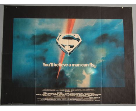 "Superman" (1978) first release Original British Quad film poster teaser style with art by Bob Peak, plus "Superman 2" Origin