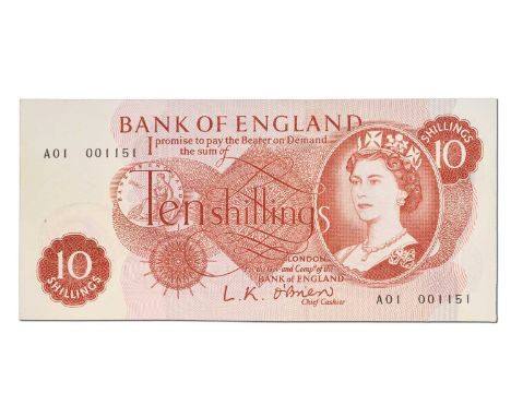 Bank of England, Ten Shillings, series C, signatory O'Brien, low serial number first run A01 001151 (EPM B286) very minor spo