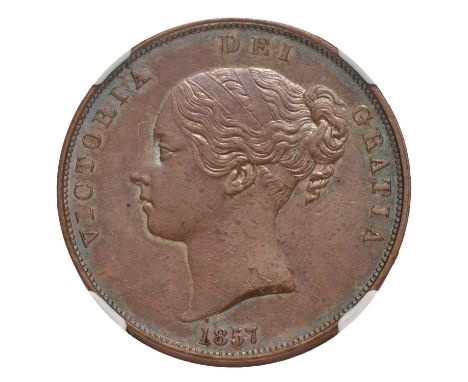 Victoria, Penny 1857, plain trident (S.3948) slabbed by NGC and graded MS62 BN