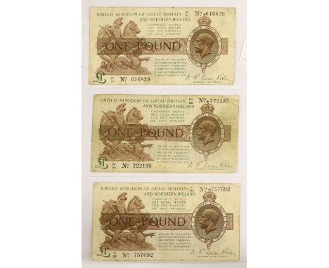 3xTreasury Series, One Pound Notes, all Warren Fisher third issue, serials S1/61 616829 first series; W1/82 722135; Z1/93 757