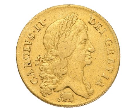 Charles II, Two Guineas 1664, first bust with elephant below (S.3334) one time wiped o/wise good fine