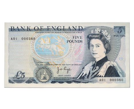 Bank of England, Five Pounds, First Run, Series D, signed Page, serial no. A01 000380, (EPM B332); a good low serial number a