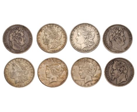 8x American and French Silver Coins, to include; 3x USA, 'Morgan' dollars, 1885 cleaned, 1921S and 1921D; 2x USA 'Peace' doll
