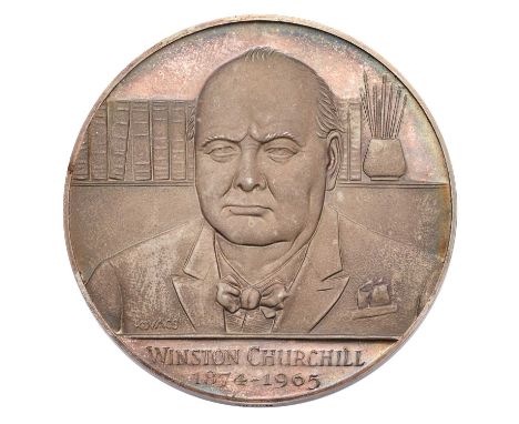 Winston Churchill, Silver Medal 1965 by F. Kovacs, issued by Spink &amp; Son, obv. facing bust, books &amp; paint-brushes on 