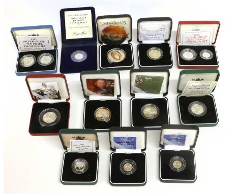 Assorted Royal Mint Silver Proof Coins, 14 coins in total including 5x piedfort versions and 1x New Zealand, Lord of The Ring