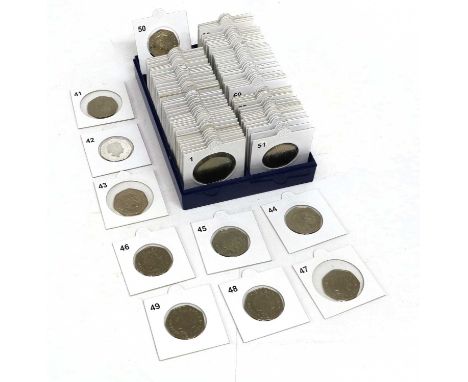 An Extensive Collection of Fifty Pence Coins; 100 coins in total dating from 1976- 2022, comprises proof and uncirculated iss