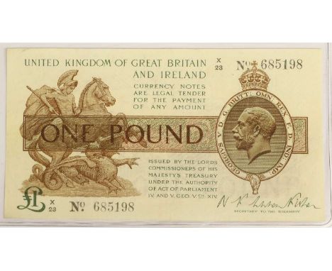 Treasury Series, One Pound, Warren Fisher first issue, 30th September 1919, serial no. X/23 685198, last series note (EPM T24