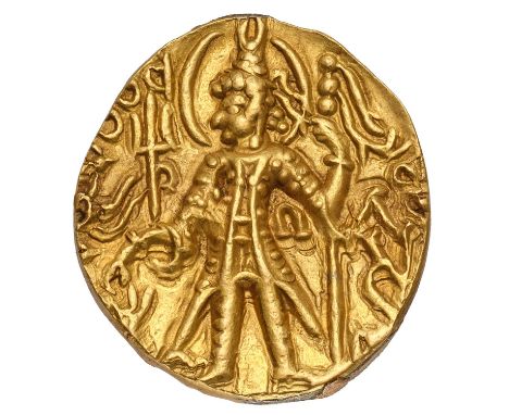 Kushan Empire, Gold Dinar, possibly Vasudeva II, c.275-300AD, 19mm, 7.85g, obv. Vasudeva standing left, sacrificing over alta