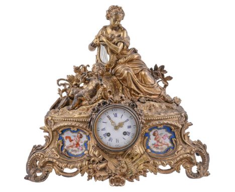 A French giltmetal and Sevres-style porcelain inset mantel clock, unsigned, second half 19th century, with eight-day bell str