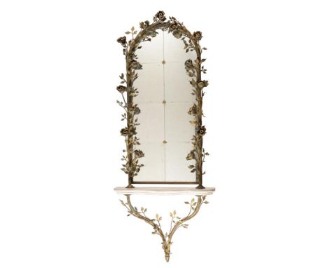 A gilt-metal wall mirror, with floral branch frame incorporating light fitments, with projecting simulated marble shelf, 140c