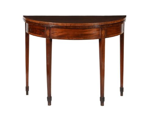 A George III mahogany and satinwood banded folding card table, late 18th century, of semi-elliptical outline, 72cm high, 91.5