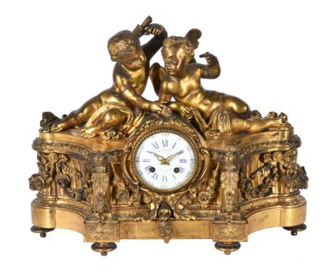 A French giltwood mantel clock, Raingo Freres, Paris, second half 19th century, the eight-day bell striking movement with out