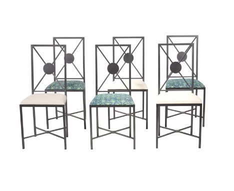 A metal suite of dining furniture, modern, by Tom Faulkner, comprising; a glass topped table with stylised tripod base, 77cm 