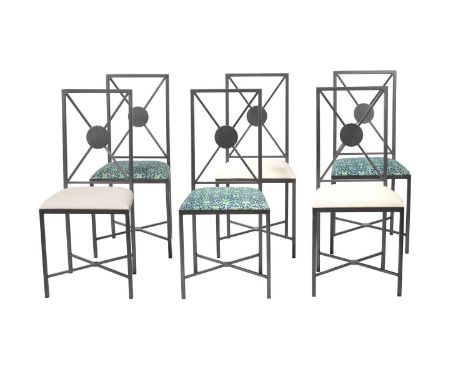 A metal suite of dining furniture, modern, by Tom Faulkner, comprising; a glass topped table with stylised tripod base, 77cm 