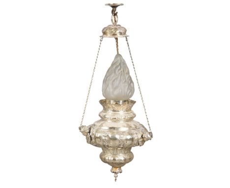An Italian silvered metal censer adapted as a hanging light, elements possibly early 18th century and later, the lobed circul