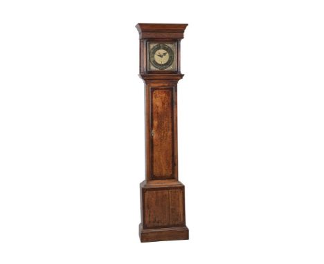 An oak and mahogany banded longcase clock, Francis Pile, Honiton, with vertical pillar movement and 11inch dial, the case 211