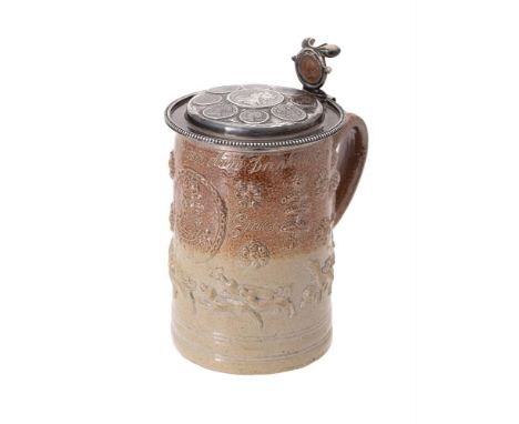 A London stoneware inscribed and dated Royal commemorative tankard, 1723, probably Vauxhall, of cylindrical form and with gro