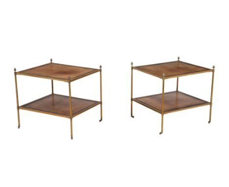 A pair of brass and tooled leather inset two tier etageres in Regency style, 20th century, probably by Mallett, London 56cm h
