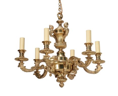 A gilt metal six light chandelier, in Louis XIV style, 20th century, 57cm high, 63cm deep Condition Report: Overall the condi