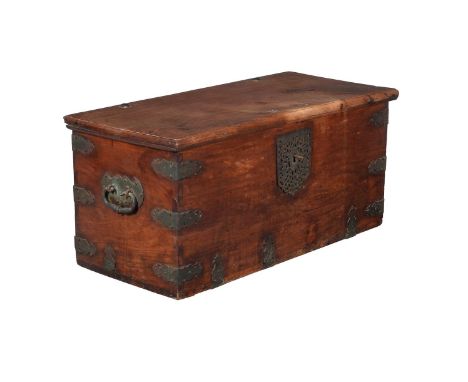 A Dutch Colonial teak and brass mounted trunk, 18th century, 54cm high, 120cm wide, 55cm deep 