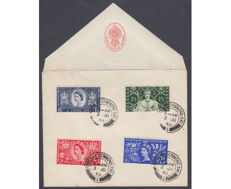 FIRST DAY COVER : 1953 Coronation set on House of Commons envelope (minor damage), cancelled by House of Commons CDS 3rd June