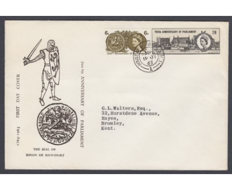 FIRST DAY COVER 1965 Parliament non phos set on illustrated typed addressed cover, cancelled by House of Commons CDS 19th Jul