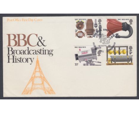 FIRST DAY COVER 1972 BBC set on illustrated cover, cancelled by the VERY scarce Pebble Mill handstamp Cat £475