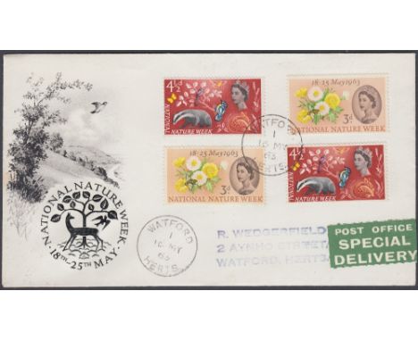 FIRST DAY COVER 1963 Nature phos and non phos sets on same illustrated cover, cancelled by Watford CDS Cat £90