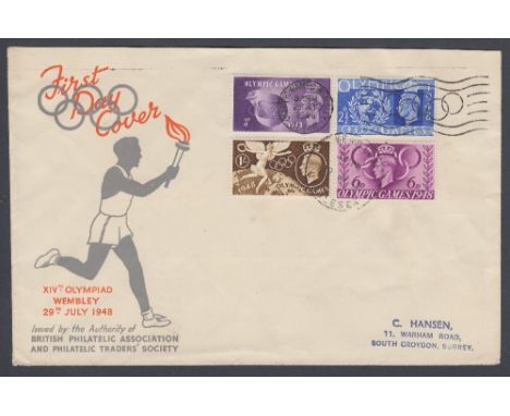 FIRST DAY COVER : 1948 Olympics set on illustrated cover, cancelled by special machine slogan and Wembley large CDS