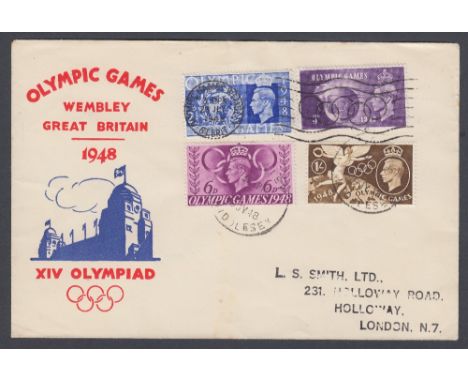 FIRST DAY COVER : 1948 Olympics set on illustrated cover, cancelled by special machine slogan and Wembley large CDS