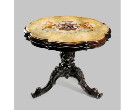 λ A FINE MALTESE PIETRA DURA AND SPECIMEN MARBLE ARMORIAL TABLE TOP BY JOSEPH DARMANIN, C.1825-36, THE IRISH BASE BY ROBERT S