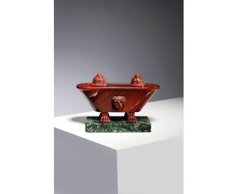AN ITALIAN ROSSO ANTICO GRAND TOUR MARBLE INKWELL AFTER THE ANTIQUE, MID-19TH CENTURY in the form of a Roman bath, with lionh