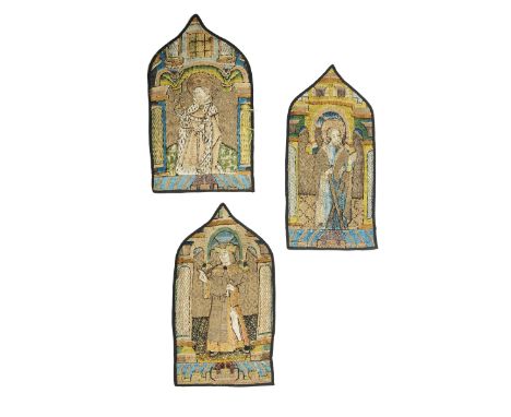 A SET OF THREE 'OPUS ANGLICANUM' ORPHREY PANELS 15TH / 16TH CENTURY of lancet form, worked with silk and gilt thread in a var