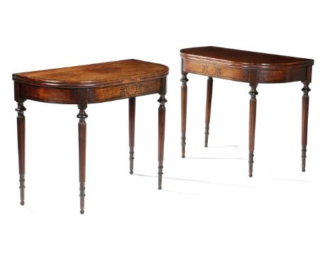 A PAIR OF REGENCY MAHOGANY TEA TABLES IN THE MANNER OF GILLOWS, C.1820 inlaid with ebonised stringing, the rounded rectangula