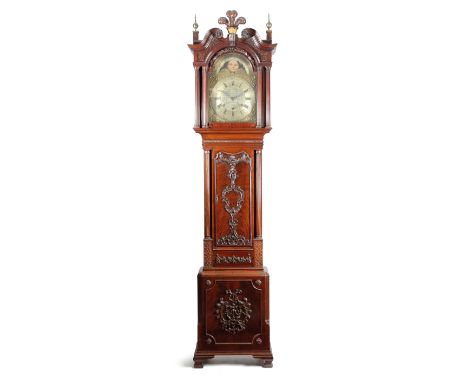 A MAHOGANY MUSICAL LONGCASE CLOCK BY J. HEYWOOD, NORTHWICH the brass three train movement with four turned pillars striking t