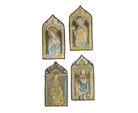 A SET OF FOUR 'OPUS ANGLICANUM' ORPHREY PANELS 15TH / 16TH CENTURY of lancet form, worked in silk and silver thread on a line