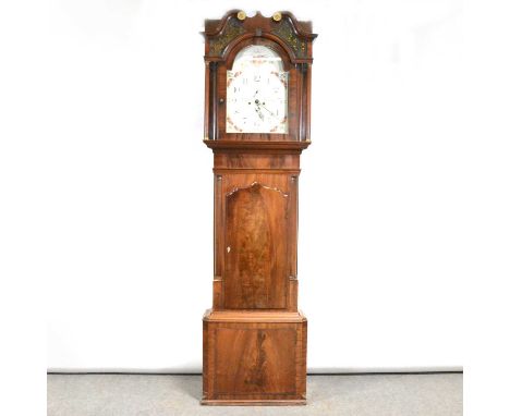 North Country mahogany longcase clock, arched painted dial signed Wignall, Ormskirk, floral lunette and spandrels, subsidiary