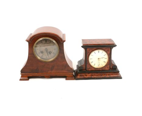 Yew wood and ebonised mantel clock, French movement, 17.5cm; and a walnut cased mantel clock, 23cm.Qty: 2