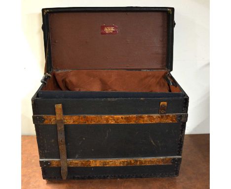 A Potterton Humberston Gate Leicester trunk, wooden bands, with inner trays, width 69cm.