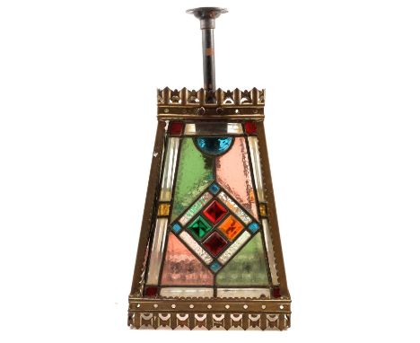 Victorian brass framed hall lantern, leaded and stained glass panels, (one slightly damaged), height to fitment 47cm.Conditio
