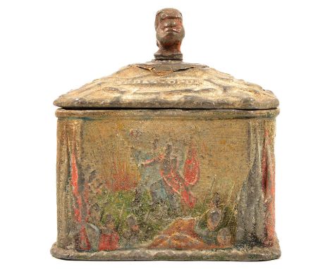 Victorian lead tobacco jar and cover relating to the Crimean War, the cover with finial in the form of a head (replacement?),