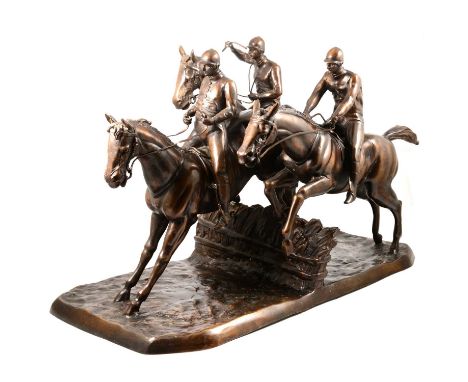 Contemporary bronze horse racing sculpture, three horses and riders over a fence, rectangular base with canted corners, 70x36
