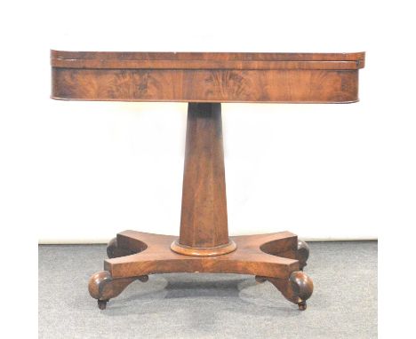 Victorian mahogany card table, foldover top with baize-lined interior, turned column, plinth base with scrolled feet, width89