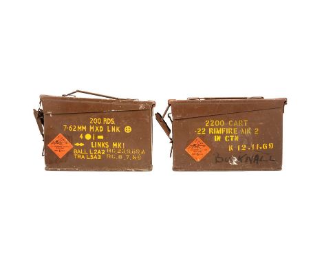 Five ammunition tins, including 600 Cart .303 ball, 400 Carts 7.62mm blank, 200 Rds 7.62mm MXD LNK, 2200 Cart .22 rimfire, an