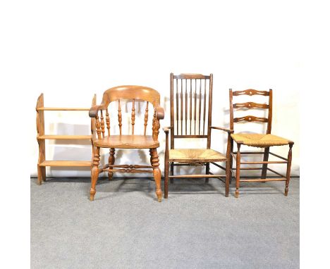 Victorian elm and ash elbow chair, an oak rush seated ladder-back chair, an Arts &amp; Crafts beechwood chair, with a rush se