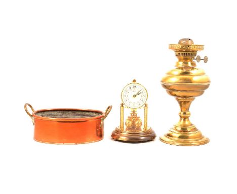 Set of brass postal balance scales, with weights; Edwardian cast brass inkwell; similar stamp box; brass oil lamp; anniversar