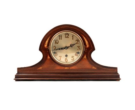 Inlaid mahogany mantel clock, silvered dial, Westminster striking movement on gongs, width 47cm.