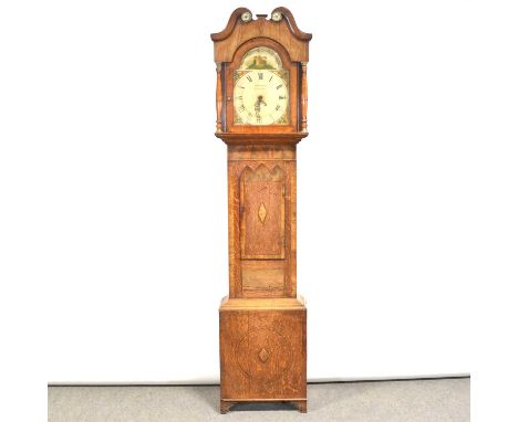 Early Victorian oak and mahogany longcase clock, the hood with swan neck pediment and turned columns, case with short door an