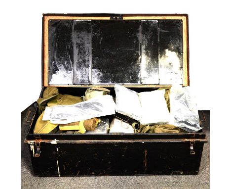Large tin trunk and military surplus, including 1970's protective equipment first aid time, water bottles and food tins, etc.