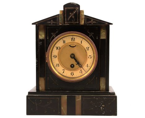 Late Victorian carved oak aneroid wall barometer, dial with Admiral Fitzroy's Indications, 92cm, and a black marble mantel cl